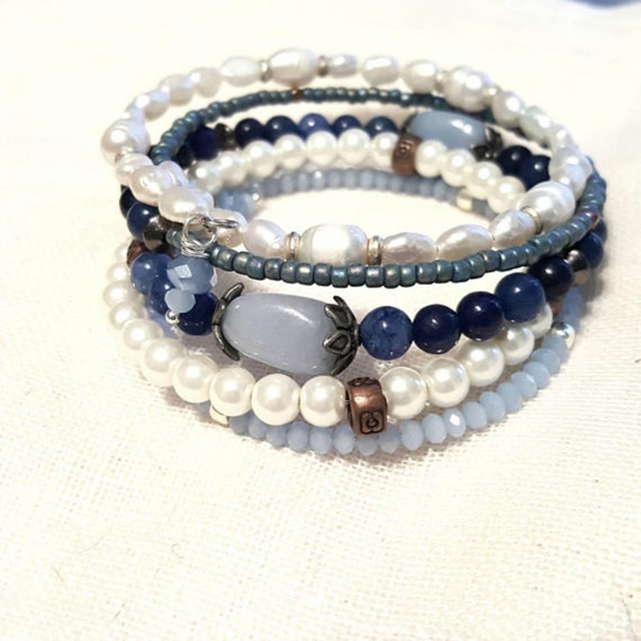Shabby Chic 5 Layer Pearly Blue Lapis Bracelet - Picture 3 of 8